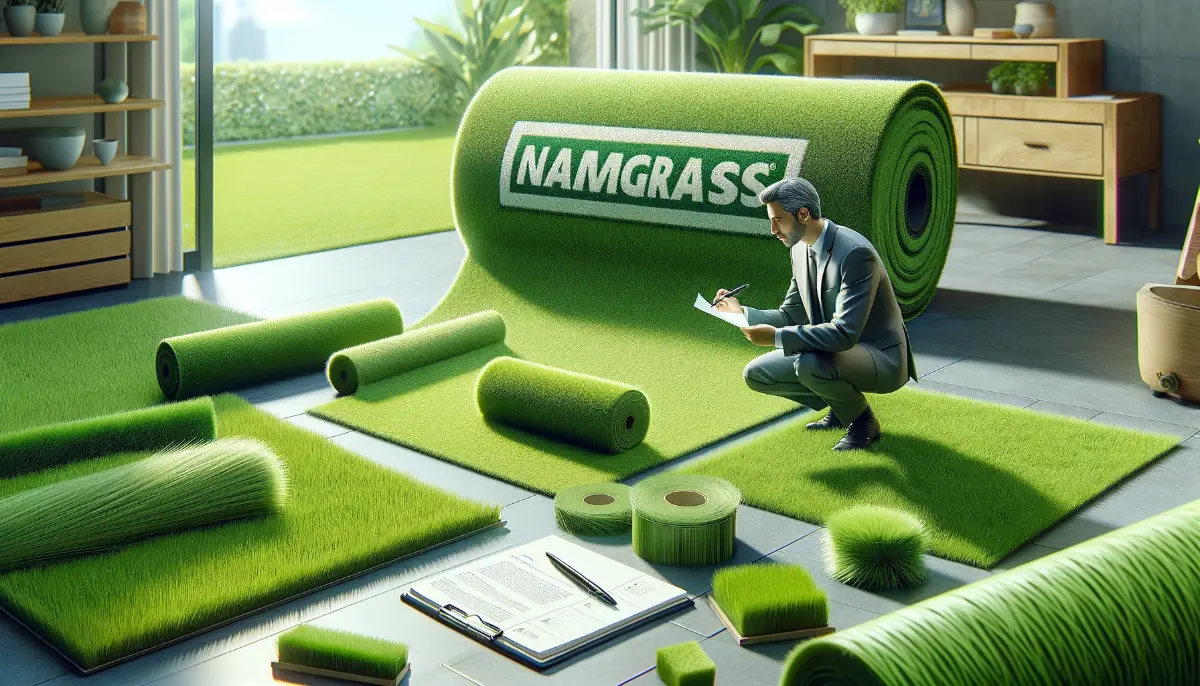 Osoba sprawdzająca teksturę i jakość sztucznej trawy Namgrass, w tle rolka produktu